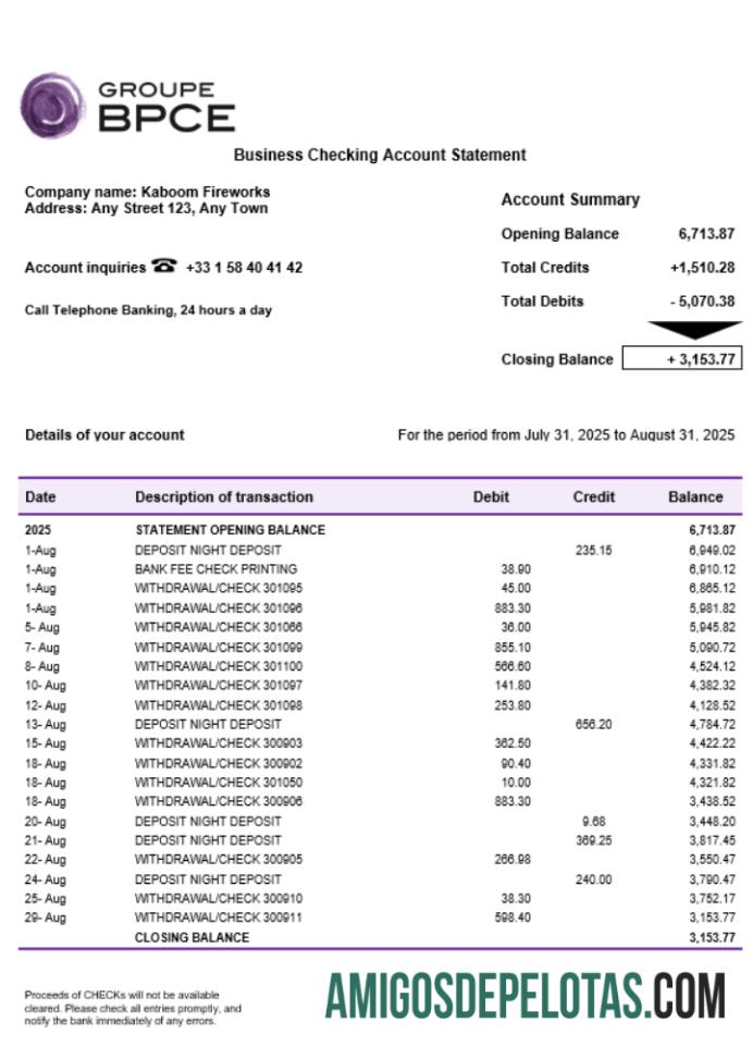 Extrato comercial da conta bancária do Groupe BPCE em formato Word e PDF